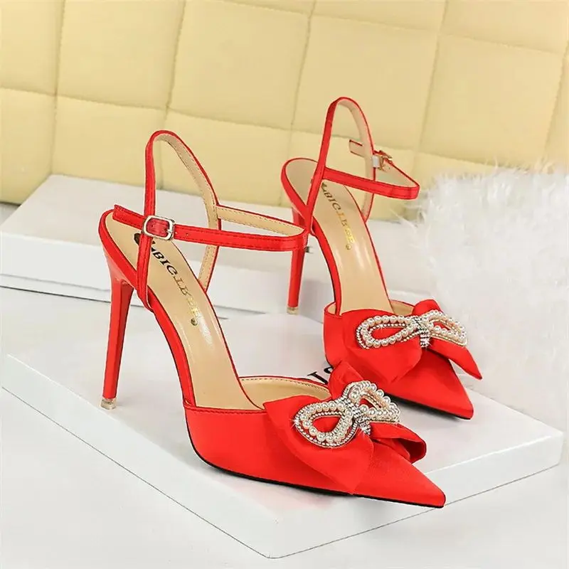 Women's Pointed Toe Shallow Mouth Sandals Summer 2024 New Fashion Pumps Pearl Bow High Heel Hollowing Out Heeled Sandals