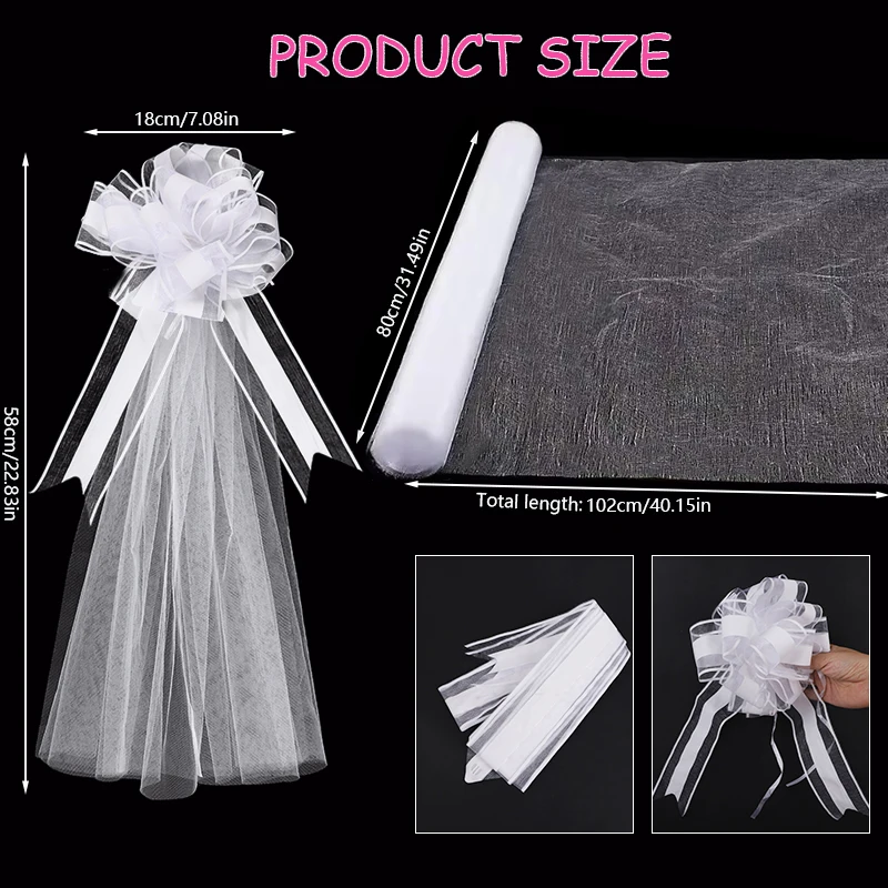 1/4pcs Large White Wedding Bow with Long Tulle Tails for Church Aisle Chair Wedding Car Decoration Festival Party Decor Supplies