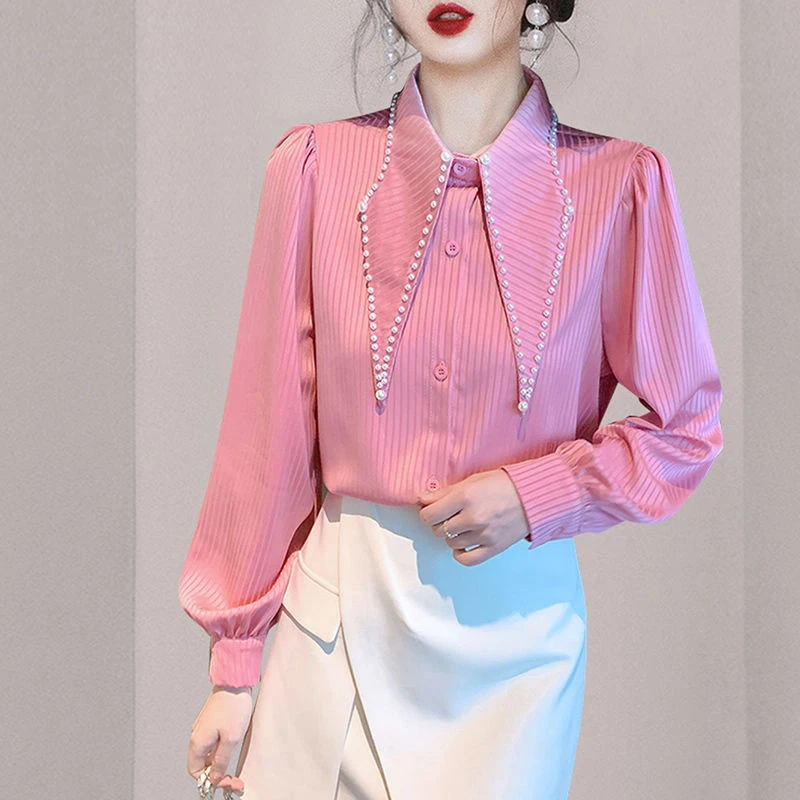 Spring Autumn Vintage Striped Beading Shirt Ladies Temperament Long Sleeve Buttons Top Women's Elegant Fashion All-match Blouse