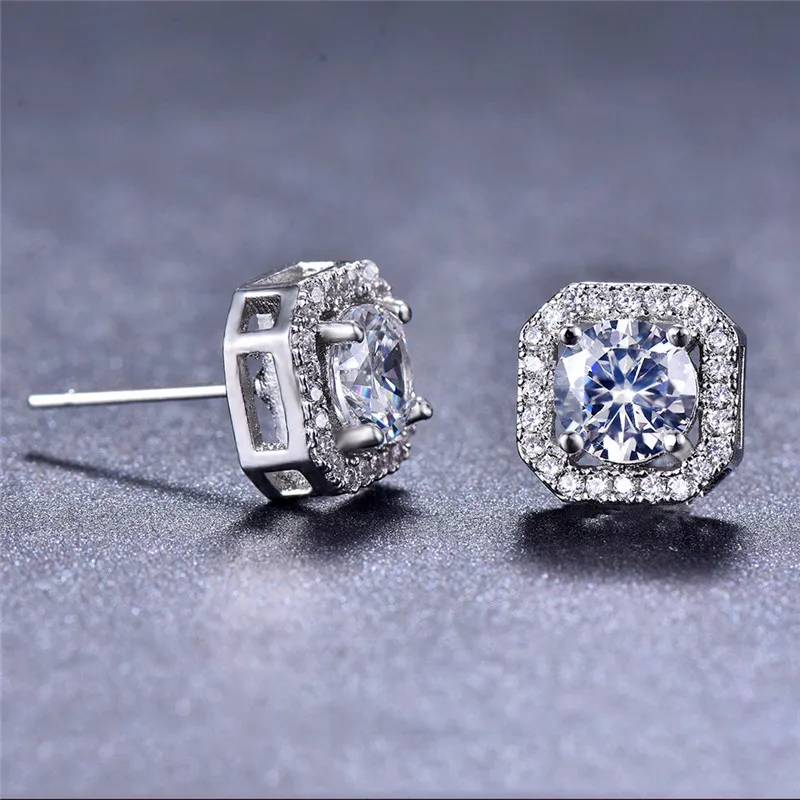 Crystal White Zircon Stud Earrings Small Round Vintage Wedding Jewelry For Women