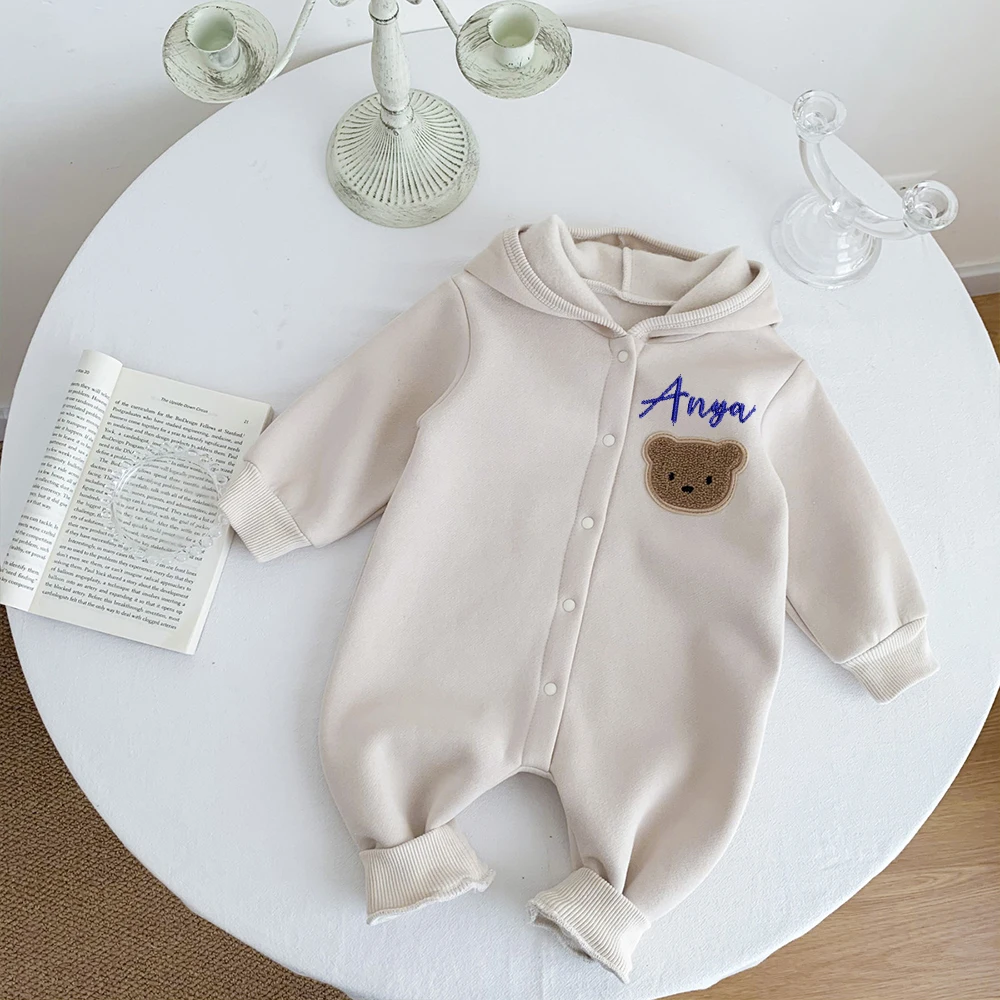 Personalized Embroidery Baby Bodysuit Thickened Autumn and Winter Bear Creeper Newborn Name Fleece Creeper