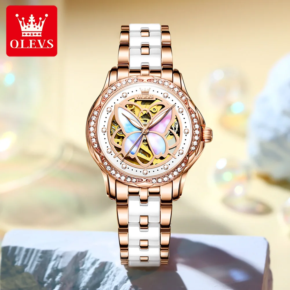 Orologio da polso meccanico automatico originale di alta qualità per donna, lussuoso ed elegante, con diamanti incastonati e farfalla colorata._voghion.com