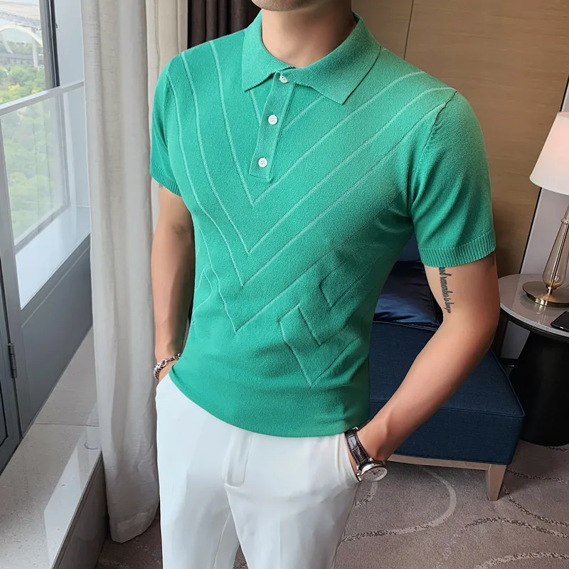 

2023 New Man Solid Color Stripped Ice Silk Knitting Polo Shirt Casual British Style Slim Men Short Sleeve High Quantity Polo