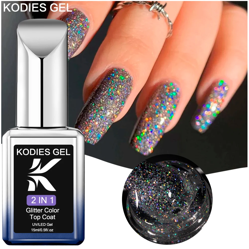 Gel nail polish gel nail varnish KODIES GEL holographic laser top coat 15ML rainbow shine glitter gel finish topper paint manicure reflective top