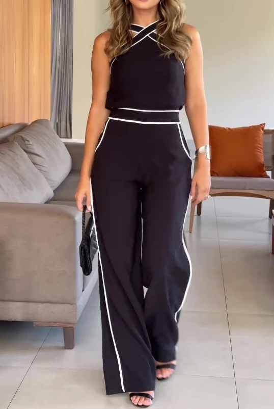 

2024 Long Pants Set Women's Summer Casual Fashion Cross Neck Drawstring Waist Clashing Color Wide Leg Hanging Neck Two Piece Set