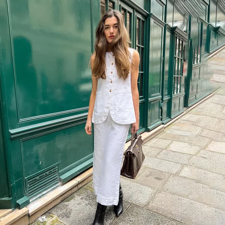 Conjunto de 2 piezas de falda larga blanca de cintura alta para mujer: top ajustado sin mangas y falda larga informal, conjuntos de patchwork para mujer