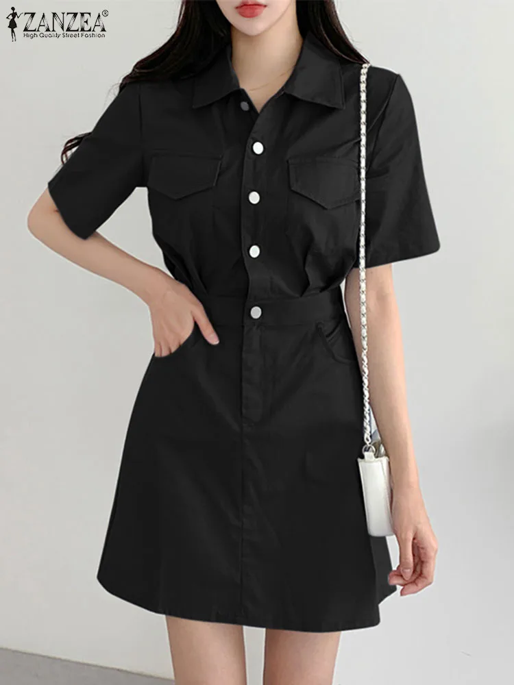 

ZANZEA Vintage OL Dress Summer Fashion Short Sleeve Shirtdress Woman Lapel Solid Robe Female Elegant Party Sundress Oversized
