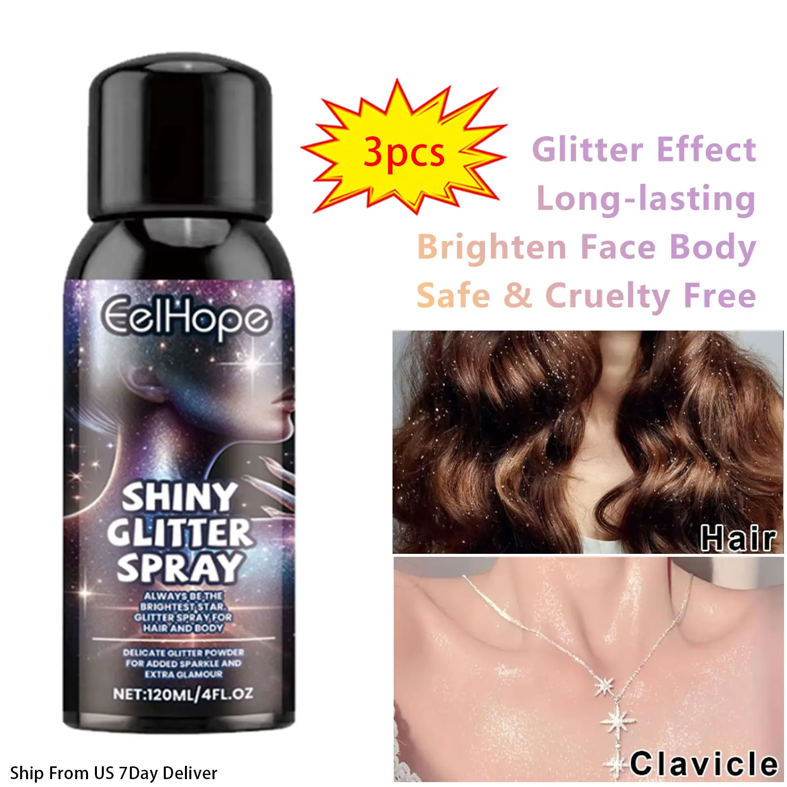 3pcs Shimmery Glitter Spray 100ml Longlasting Brighten Glitter Spray Face Body Hair Clothes Waterproof Sparkling