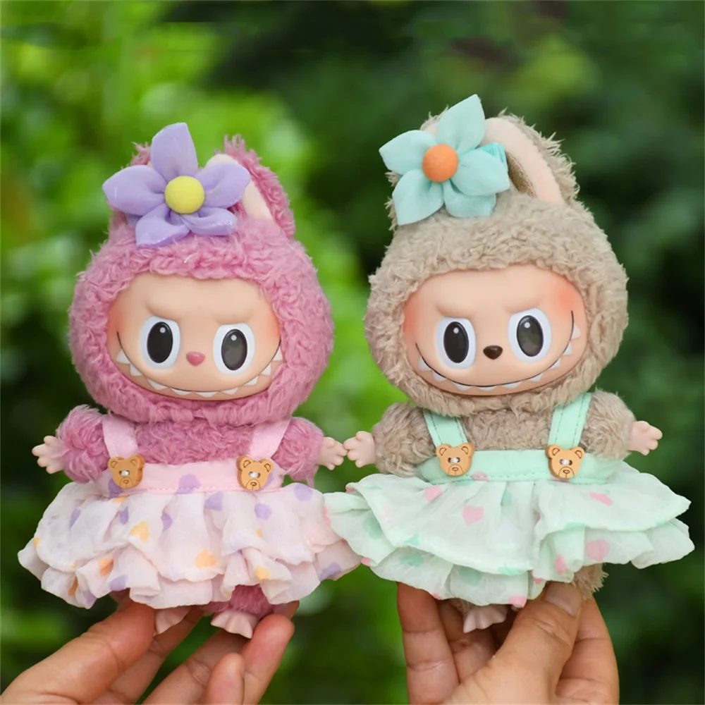 17cm Labubu Clothes Plush Doll Dress with Flower Hair Clip Mini