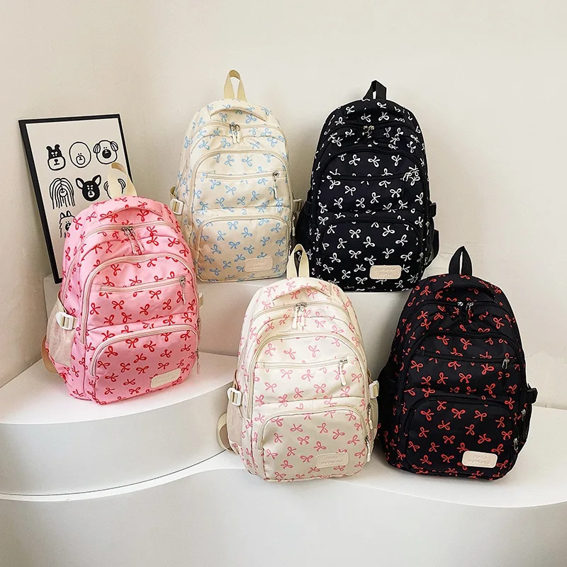 3 Pcs/Set Cute girl Large Capacity Backpack Bow Print Nylon Schoolbag Adjustable Strap Women daily Campus Backpack 3