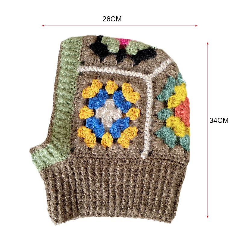 Handmade Crochet Balaclava Hats for Women Autumn and Winter Wool Knitted Pullover Beanies Cap Neck Warmer Female Hooded Caps 6