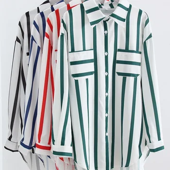 Streamgirl Green Striped Shirt For Women Oversize Blouses Long Sleeve Black Stripe Elegant Long Shirts Loose Top For Women 2024