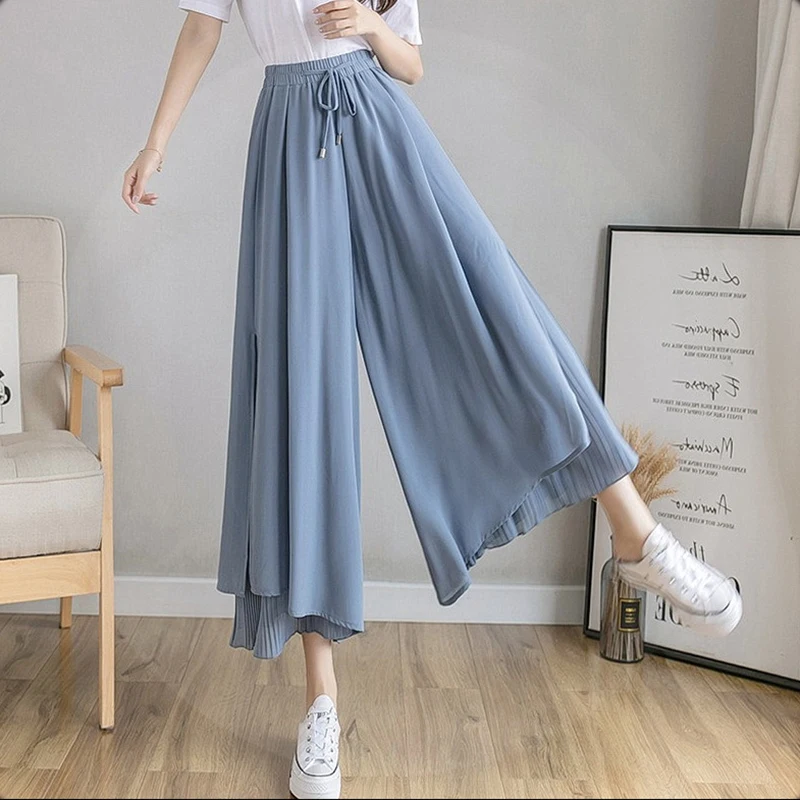 

2022 Spring Summer Korean Women Pleated Chiffon Trousers High Waist loose womens skirts Pants Hakama Casual Wide Leg Pantalones