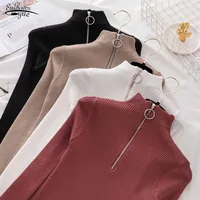 Korean Solid Zipper Knitted Pullover Sweater Autumn Winter Long Sleeve White Jumper Pull Femme 2023 Casual Slim Women Tops 17113