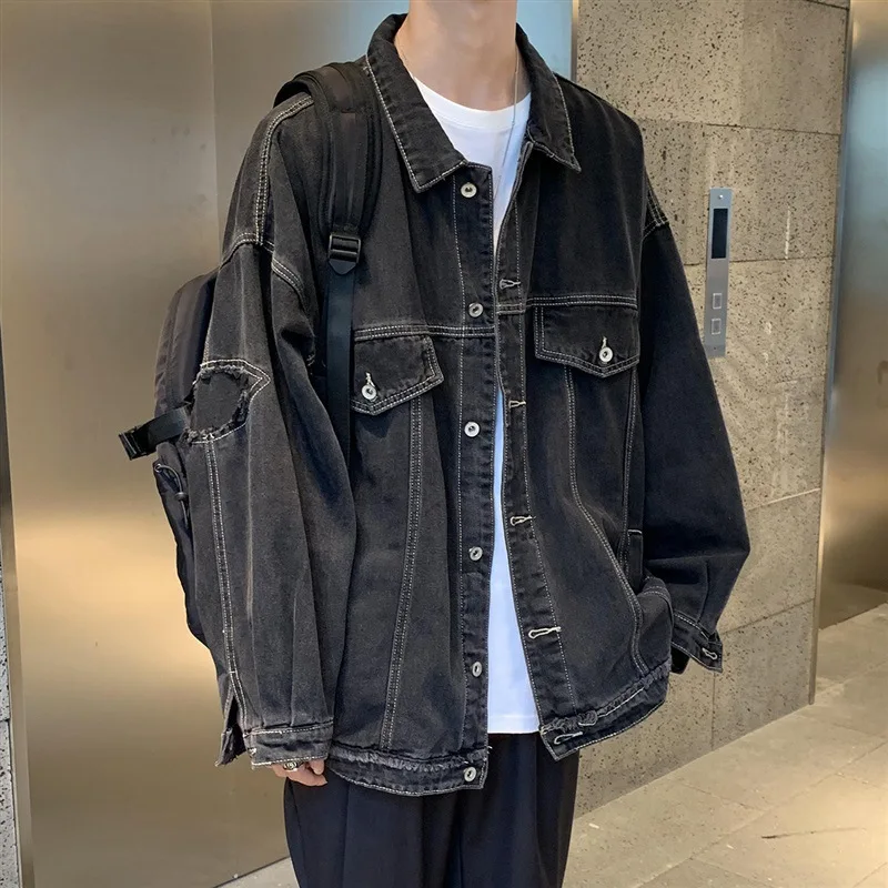 Denim Jackets Men Hole Raw Edge Streetwear Autumn All-match Long Sleeve Korean Commuting Style Youthful Teenagers Outwear Daily 3