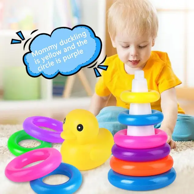 Children's Little Yellow Duck Rainbow Tower Stacking Circle Baby Early Childhood Education Puzzle Ring Montessoris Toy Kids 2
