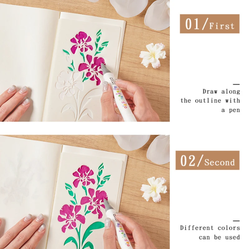 16개 DIY 꽃 그림 스텐실, 목재, 직물, 종이용 재사용 가능한 플라스틱 템플릿 - 스프레이 페인트 및 그래피티 공예 용품