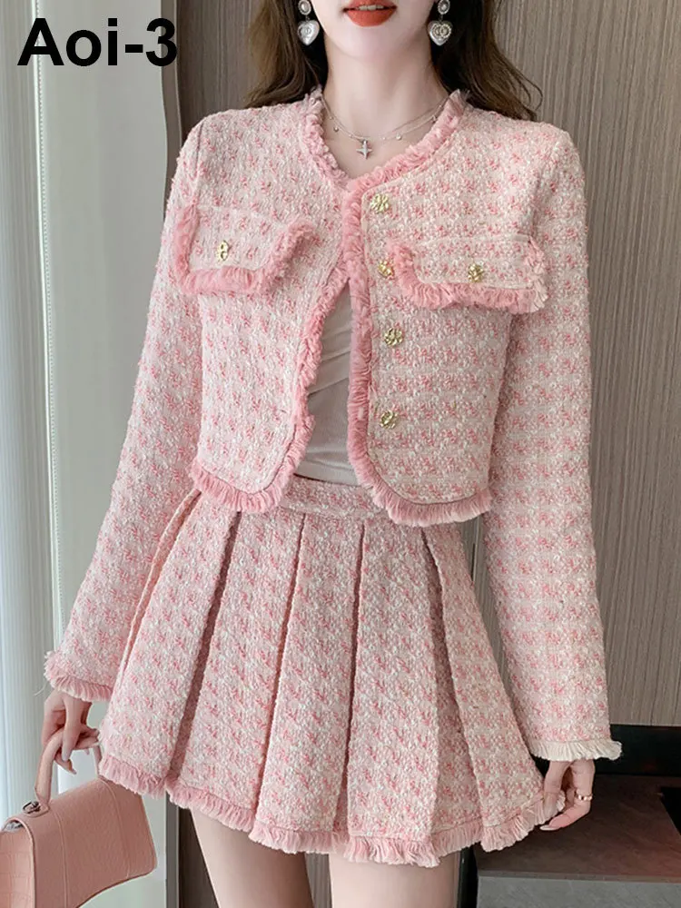 

Женский твидовый костюм из двух предметов, элегантный пиджак с круглым вырезом и золотистой пряжкой и плиссированная юбка-трапеция, костюм во французском стиле, Осень-зима 2023