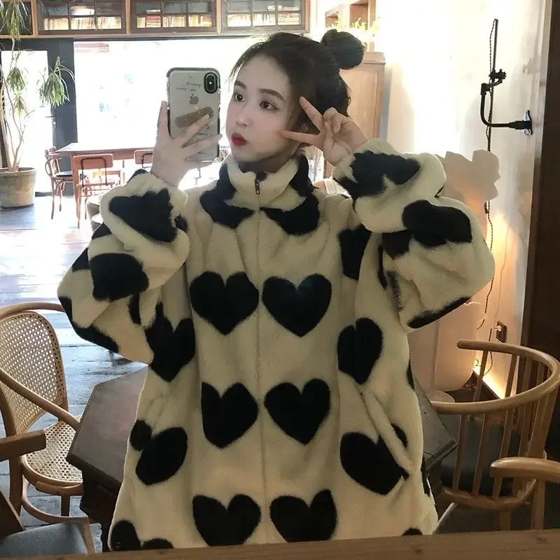 2022 Lamb Fleece Coat Love Lamb Fleece Cotton Coat Autumn and Winter Trend Loose Short Coat  Y2k