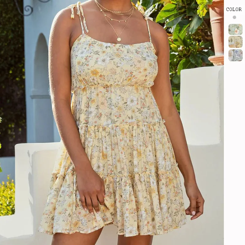 

2023 Hot Selling Sweet Color Backless Print Sling Cake Dress Summer New