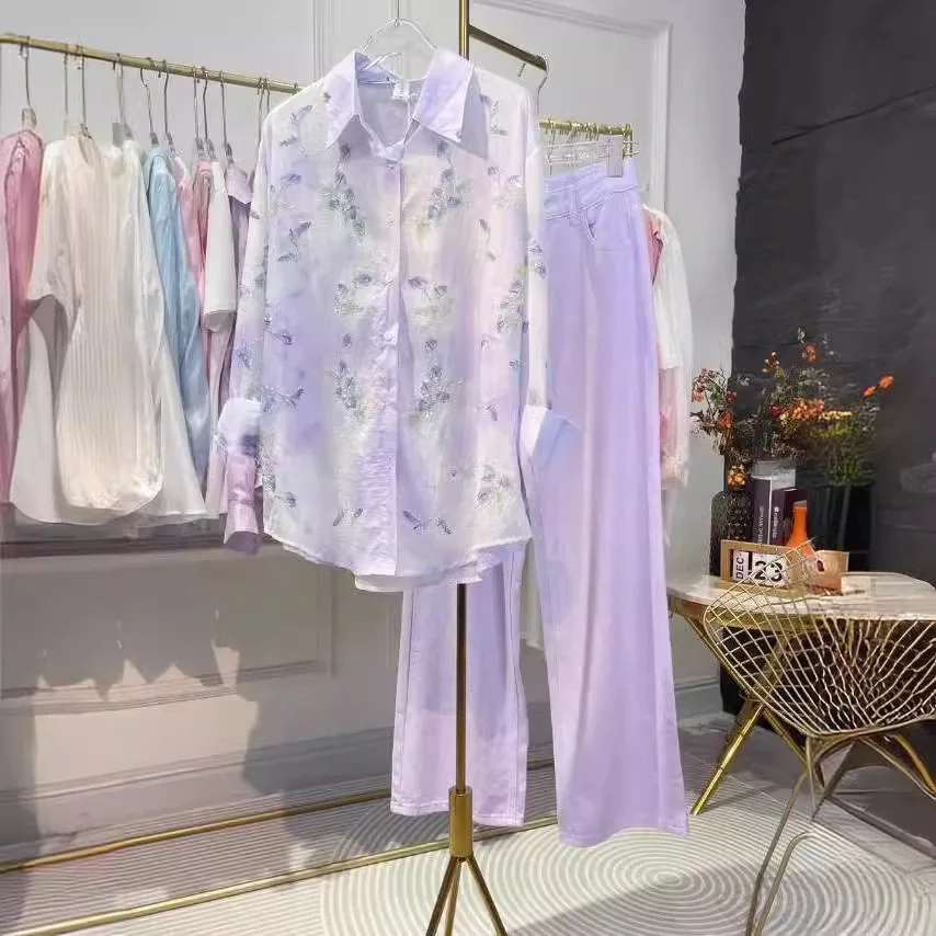 Fashion Flower Printed Rhinestones Polo Collar Shirt Women 2024 Spring Summer New Single-Breasted Long Sleeve Shirt Womens Tops