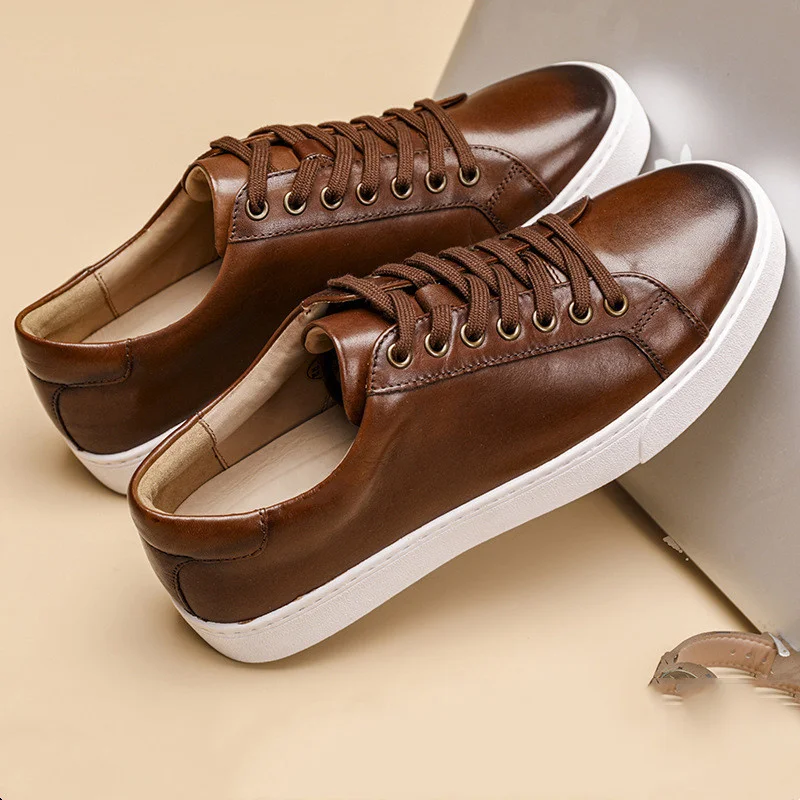 

British Leather Thick Bottom Trend Korean Version Casual Top Layer Cowhide Hand-painted Men's Leather Sneakers White Shoes Men