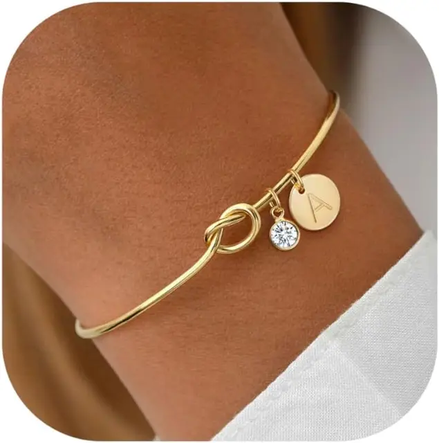 96713-e648eb.jpg Bracelets plaqués or 14 carats avec pierre de naissance initiale pour femmes, cadeau de proposition de demoiselle d'honneur, manchette avec nœud d'amour, cadeaux d'anniversaire