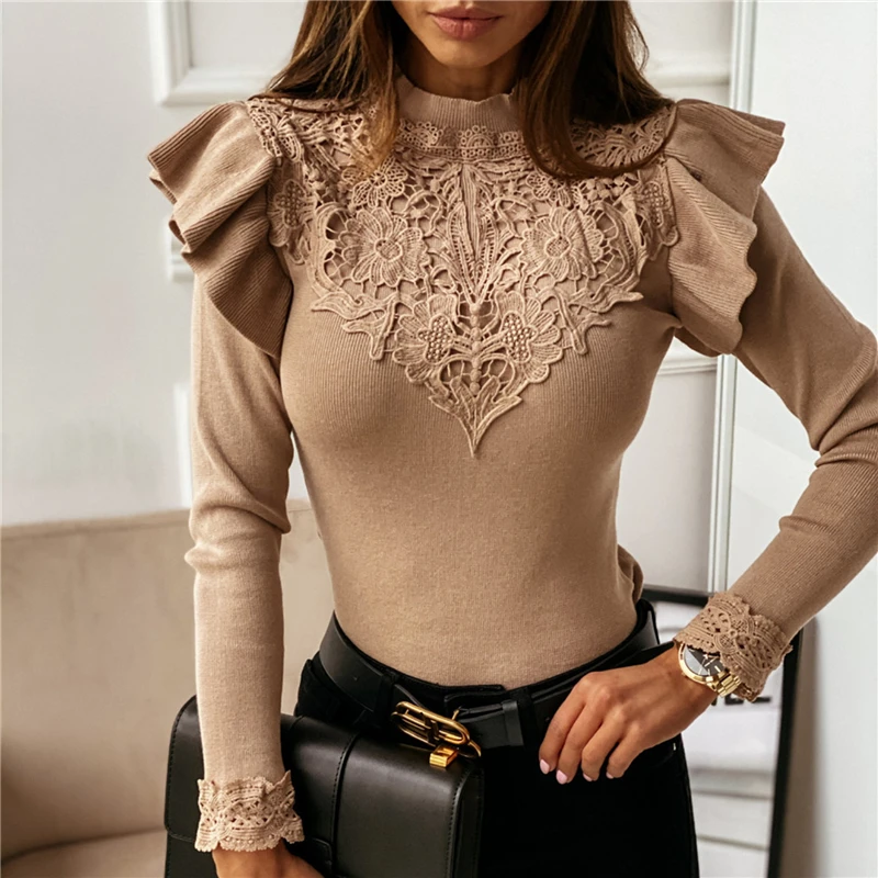 

Women Knit Patchwork Ribber Shirt Long Sleeve Ruffles Blouse Crew Neck Button Mesh Turtleneck Tops Autumn Winter Sweater Blusa
