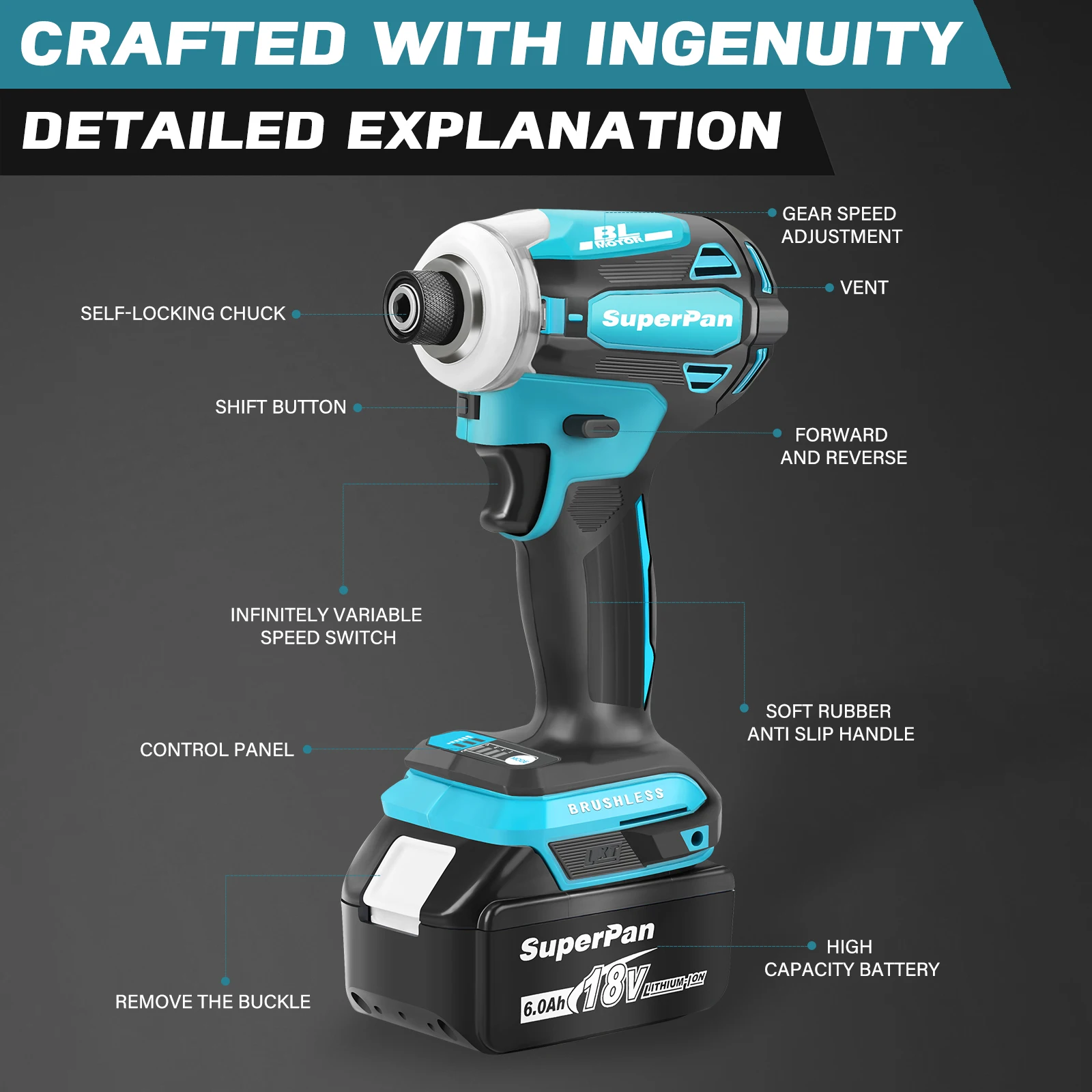 SuperPan DTD172 Cordless Driver Drill 18V 6Abattery Brushless High Torque LmpactElectric Screwdriver Variable Speed Power Tool 3