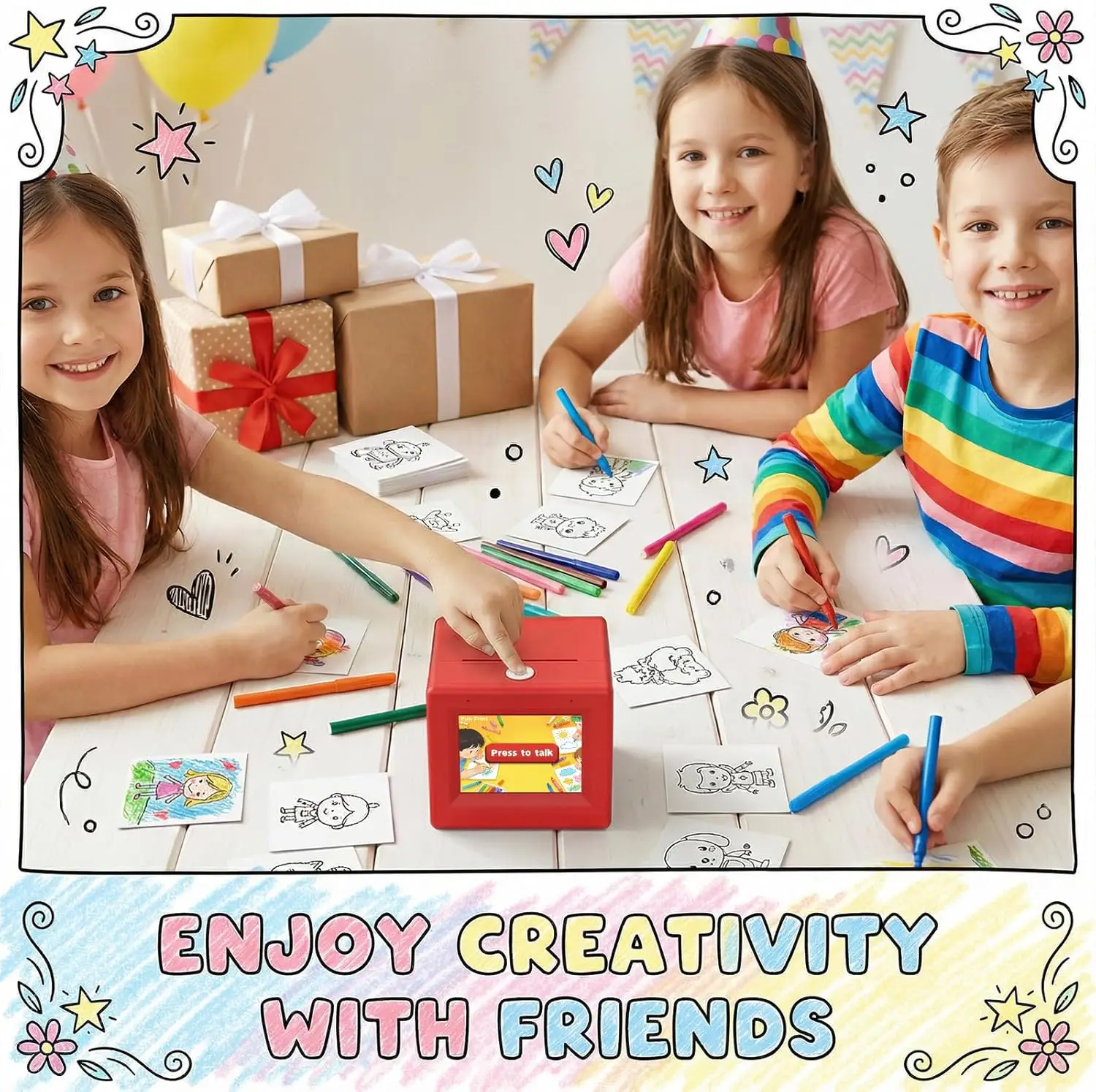 스마트 AI 음성 제어 잉크리스 감열 스티커 프린터 (어린이용 미니 포켓 사진 제작기, 펜 5개, 용지 4개 포함) DIY 공예 장난감 선물