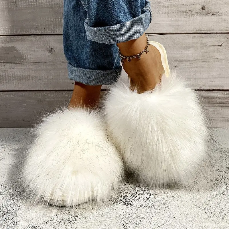 Fashionable New Round Headed Warm Casual Cotton Slippers for Women in Winter Non Slip Comfortable and Sexy Flat Bottom Fur Shoes