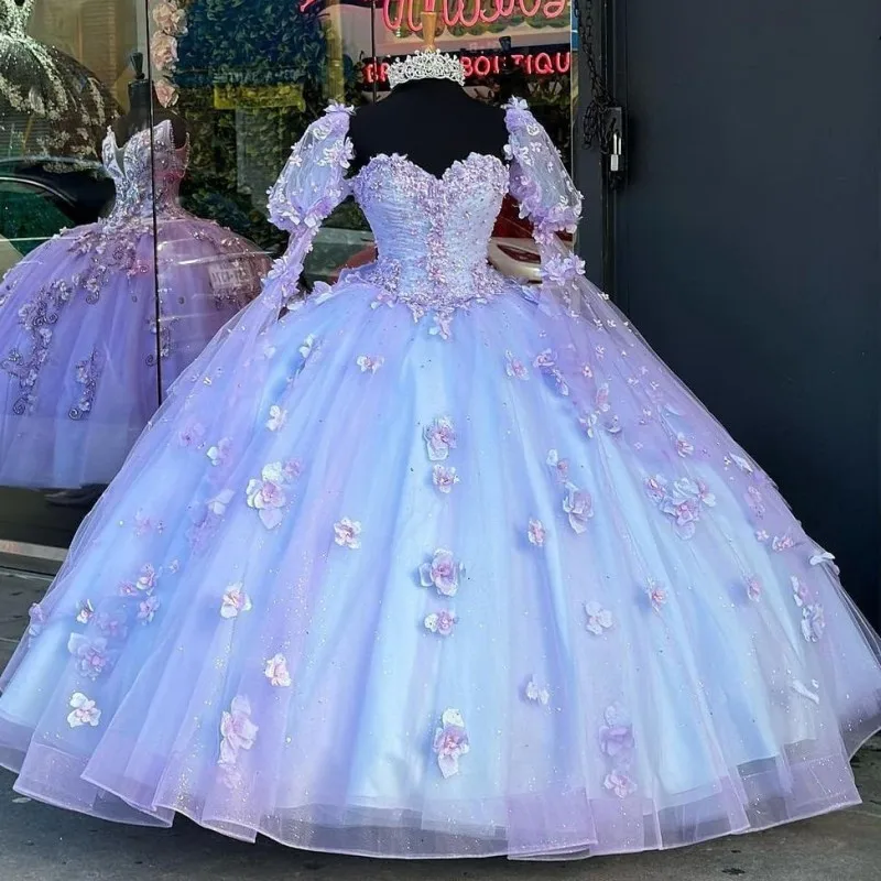 

Lavender Princess Puff Sleeve Sweetheart Ball Gown Quinceanera Dresses For Girls Beaded Party Gowns 3D Flowers Graduation