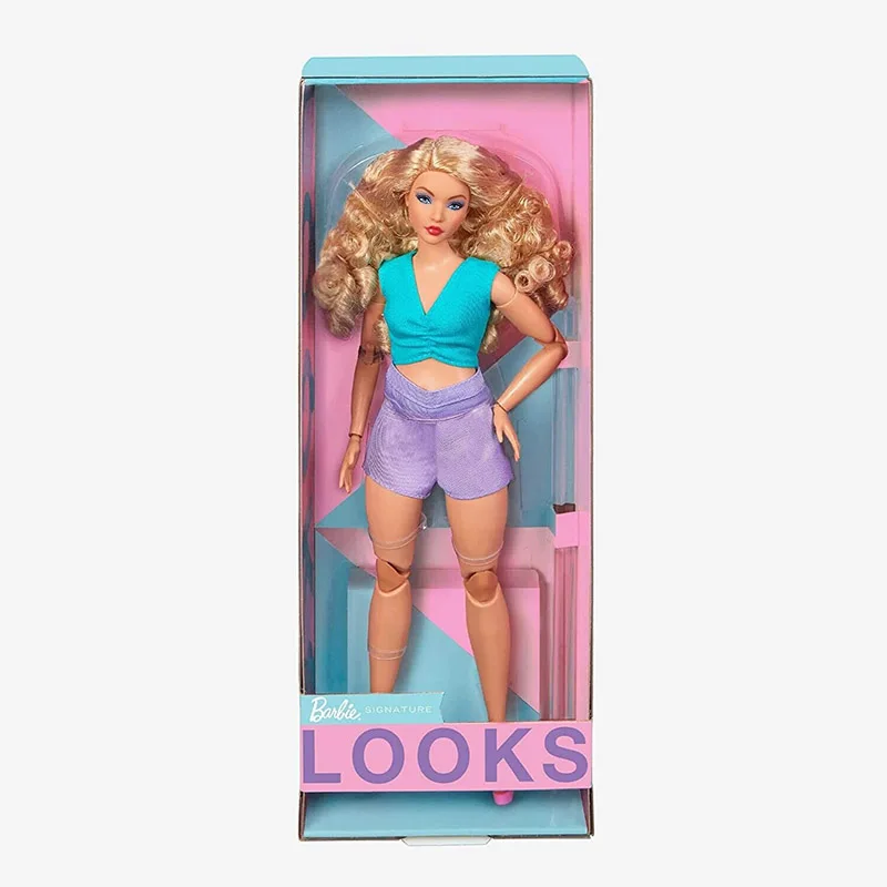 

2023 Barbie Signature Looks Doll Blonde Curly Hair Color Block Outfit with Waist Cut-Out Fashion Collection Toy #16