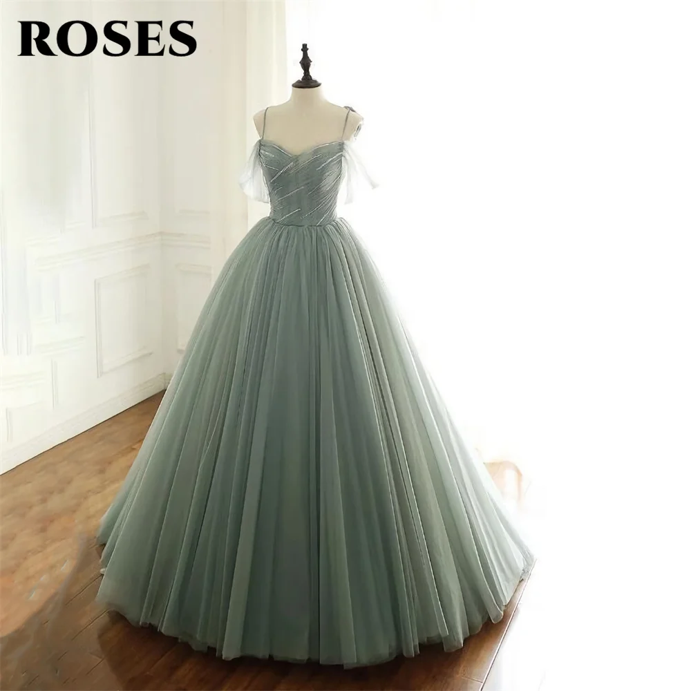 

ROSES Spaghetti Strap Evening Gown Lace Up Back Elegant Prom Dress Sweetheart Tulle A Line Wedding Evening Dress robes de soirée