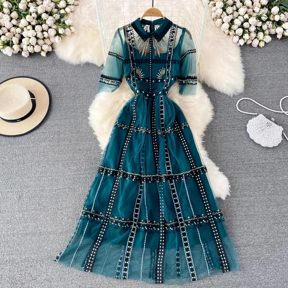 

Luxury New Women Summer Embroidery Fashion Turn Down Collar Short Sleeve Party Casual Holiday Evening Runway Designer Dresses
