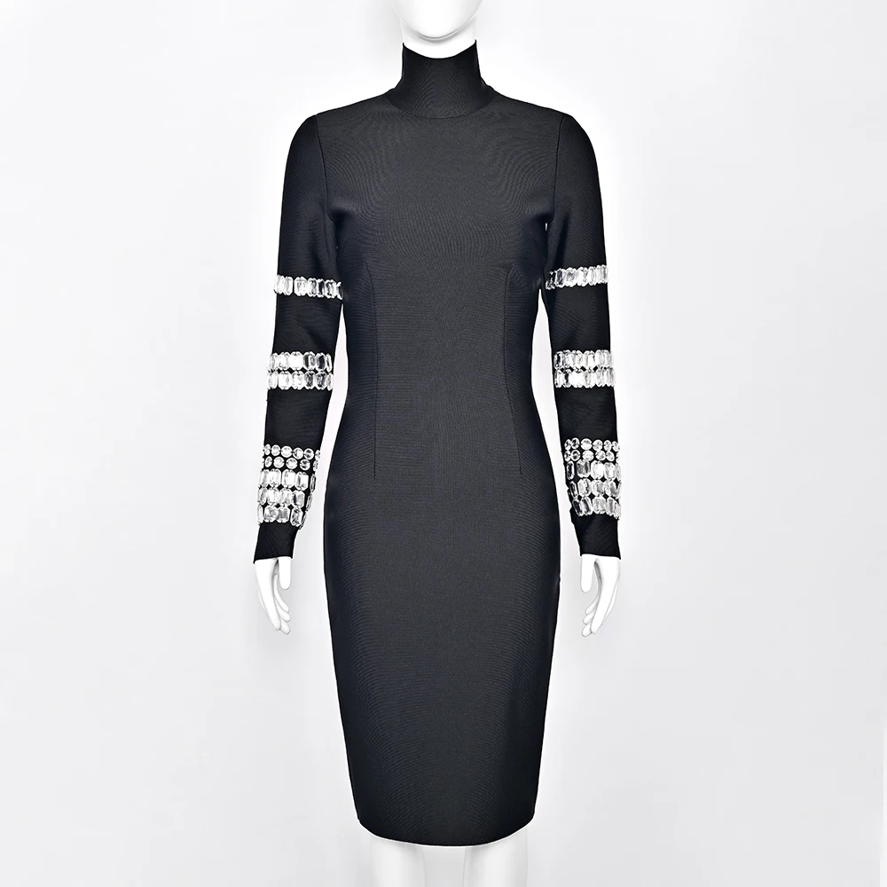 BEAUKEY Luxurious Diamond Women's Bandage Long Sleeve Dress Evening Glitter Party Dress For Ladies Black Winter One Piece Dress