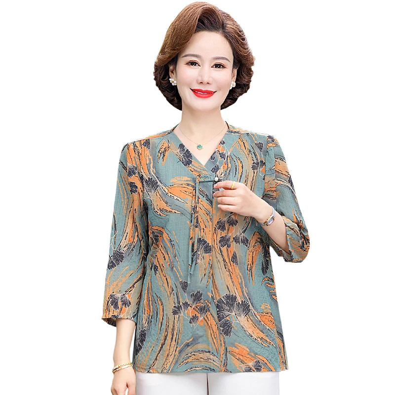 

Summer v-neck Tie Printed Chiffon Blouse Ladies Loose Elegant Vintage 3/4 Sleeve Shirt Middle-aged woman Top Female Clothes
