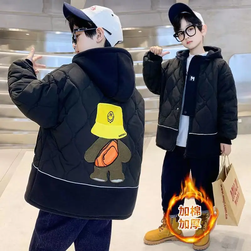 

2023 New 5-14 Years Very Keep Warm Winter Boys Jacket Teenager Mid-Length Plus Velvet Thickening Hooded Cotton Coat For Kids