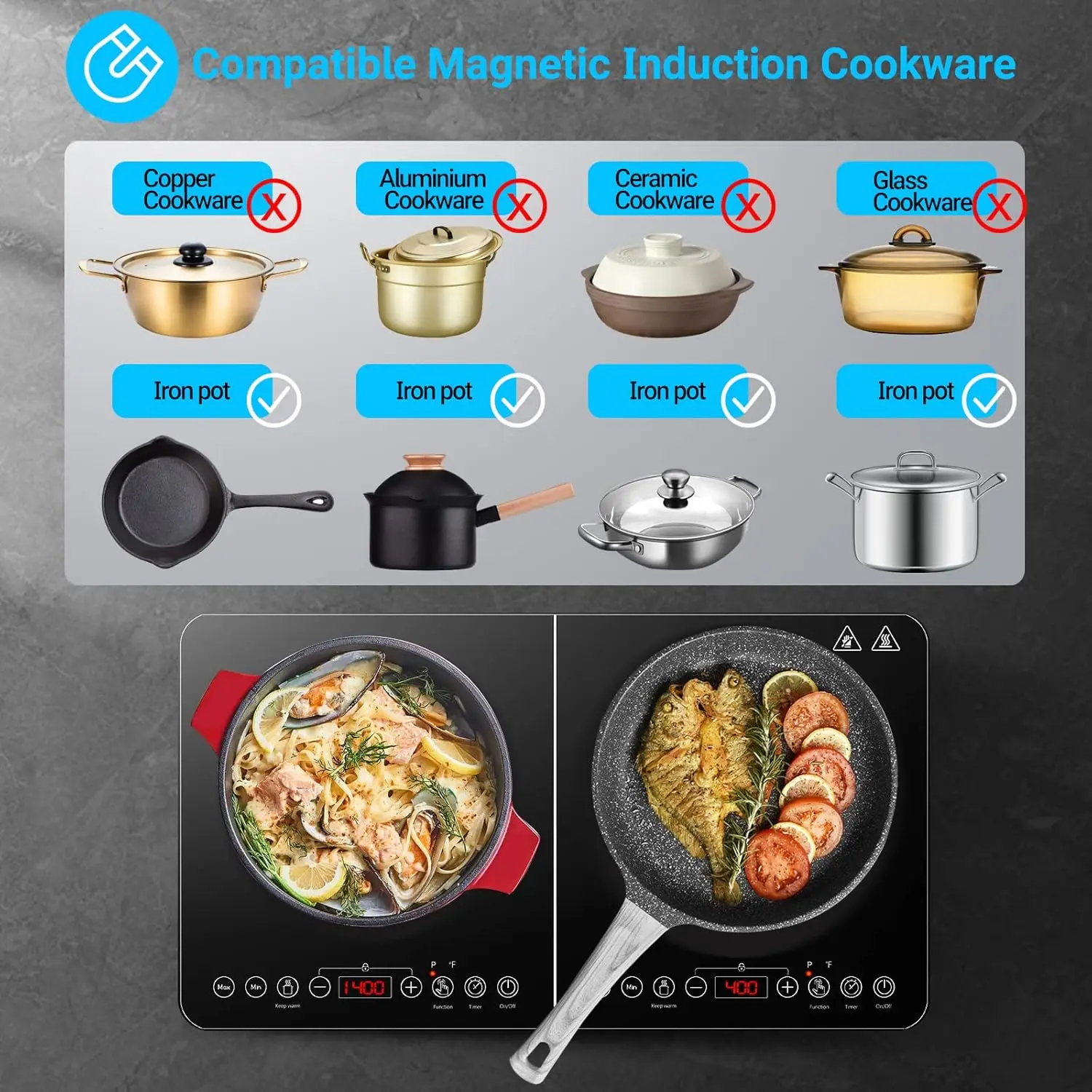 Portable Induction Cooker with 2 Burner Independent Control,Ultrathin Body,10 Temperature