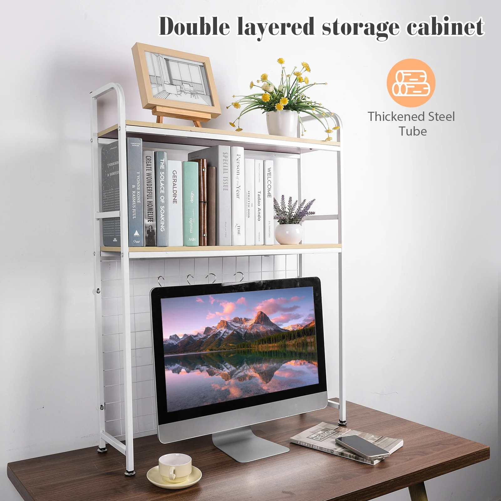 2 Tier Wooden Desk Organiser Shelf with Grid Panel Bookcase Organizer Multipurpose Desktop Decorative Rack for Home Office