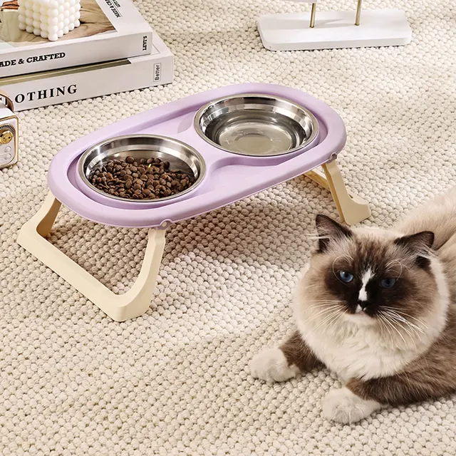 1PC Foldable Stainless Steel Pet Bowl Cat Food Bowl Cat Bowl Dog Food Bowl Neck Protection High Foot Double Bowl 2