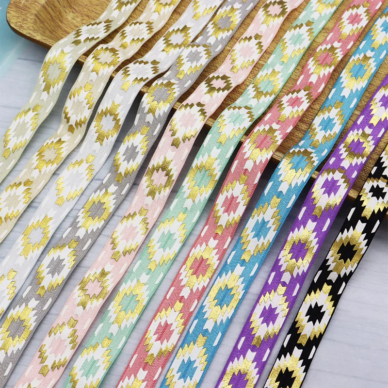 5/8" 15mm Gold Foil Ink Aztec Printed FOE Fold Over Elastic Ribbon For Headwear Hair Accessories Bracelet Sewing Accessories