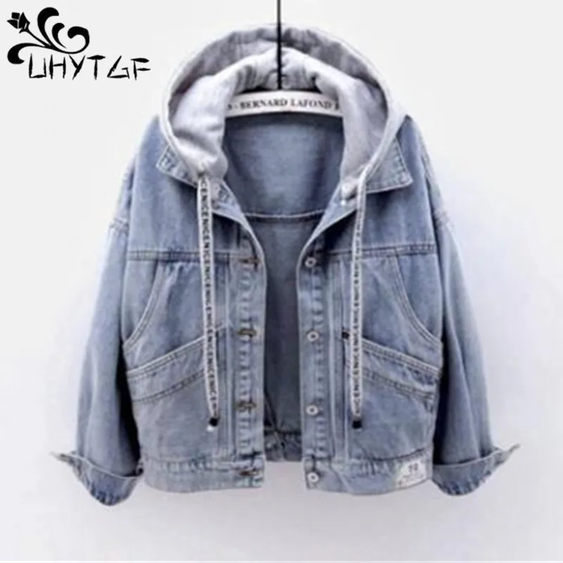 

UHYTGF New Denim Jacket Women Hooded Plush Warm Autumn Winter Cowboy Coat Female Solid Casual Student Short Jeans Outerwear 2434