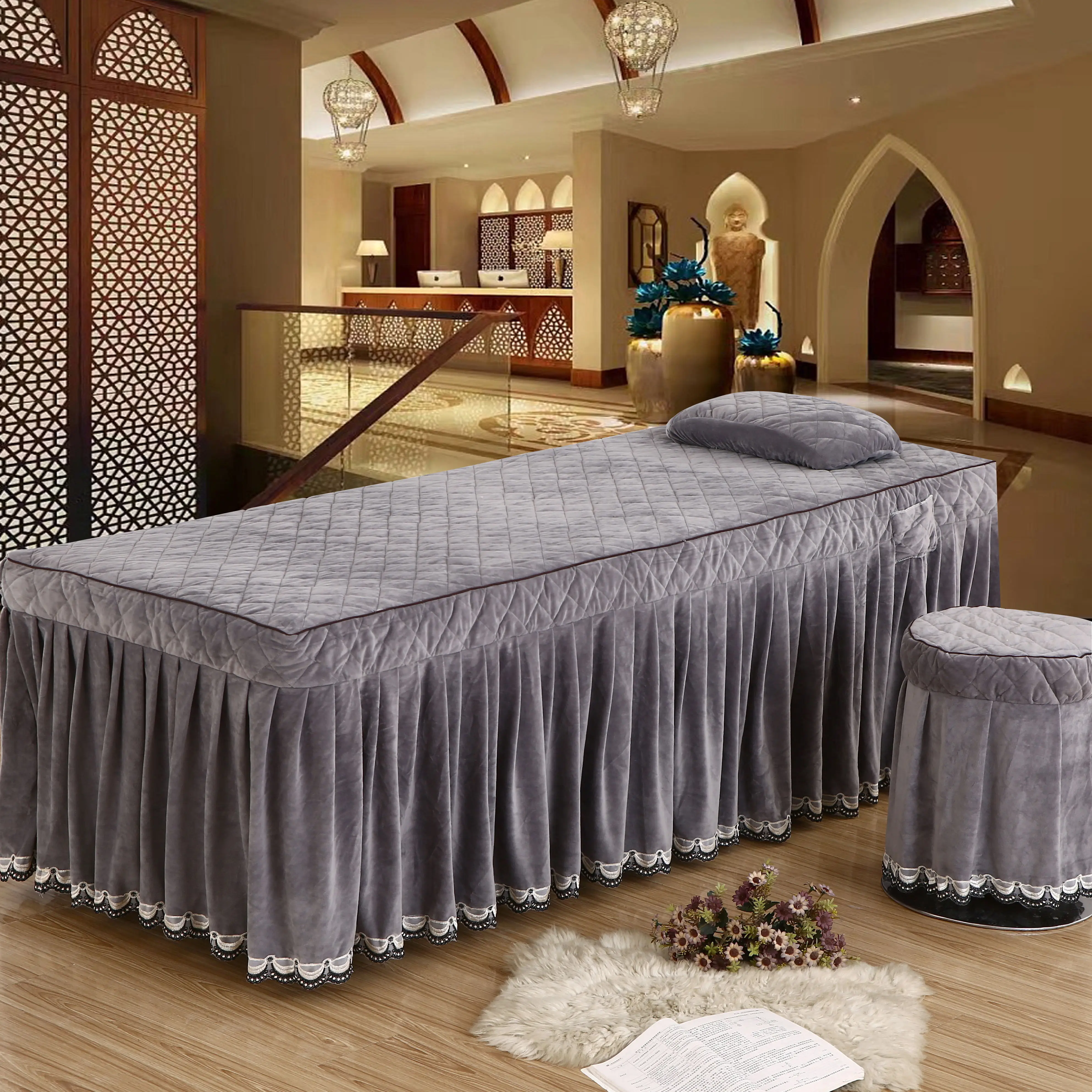 Crystal Velvet Beauty Salon 2pcs Set Bed Skirt+ Pillowcase SPA Skin-Friendly Massage Table Bed Cover Sheet Bedskirt with Hole