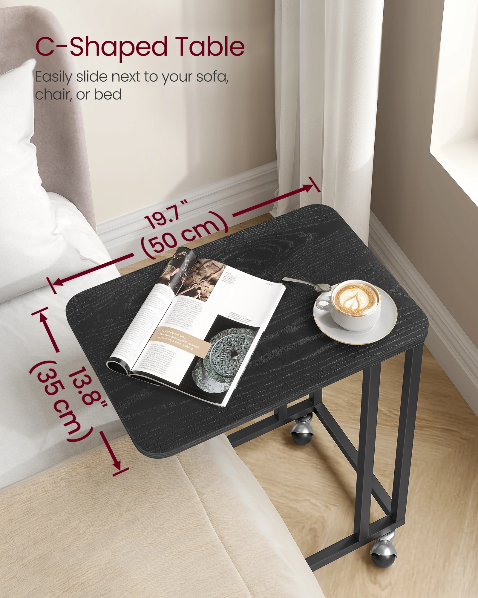 VASAGLE End Table, C Shaped TV Tray with Metal Frame Rolling Casters for Coffee Laptop Mobile Tablet, Industrial Side Table 3