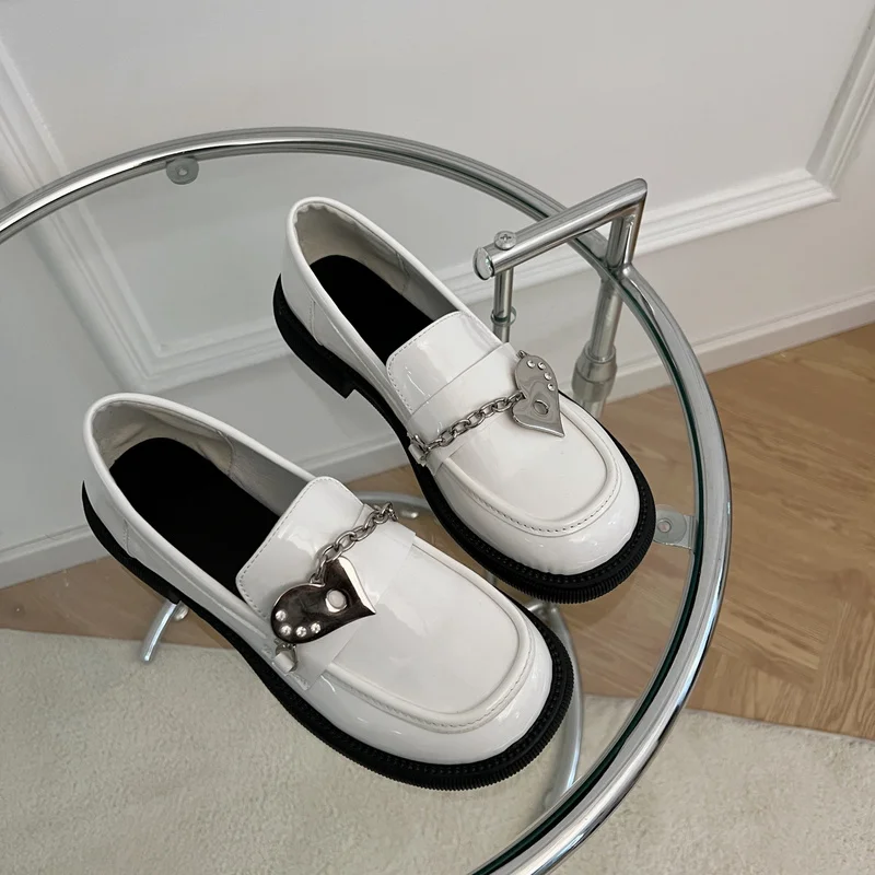 

Metal Chain Oxford Shoes for Women Shoes Woman New Slip on Square Platform Shoes Square Head Loafers Solid Leather Casual Shoes