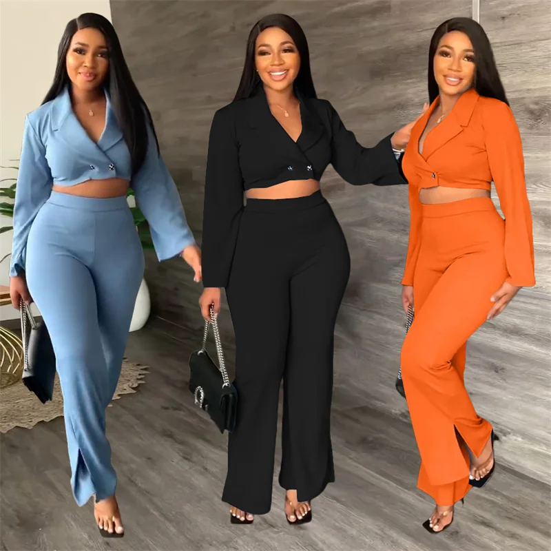 Elegant Work Wear Two Piece Set Women Clothes Button Office Crop Top and Flare Pants Suits Matching Sets Lady Sexy Club Outfits