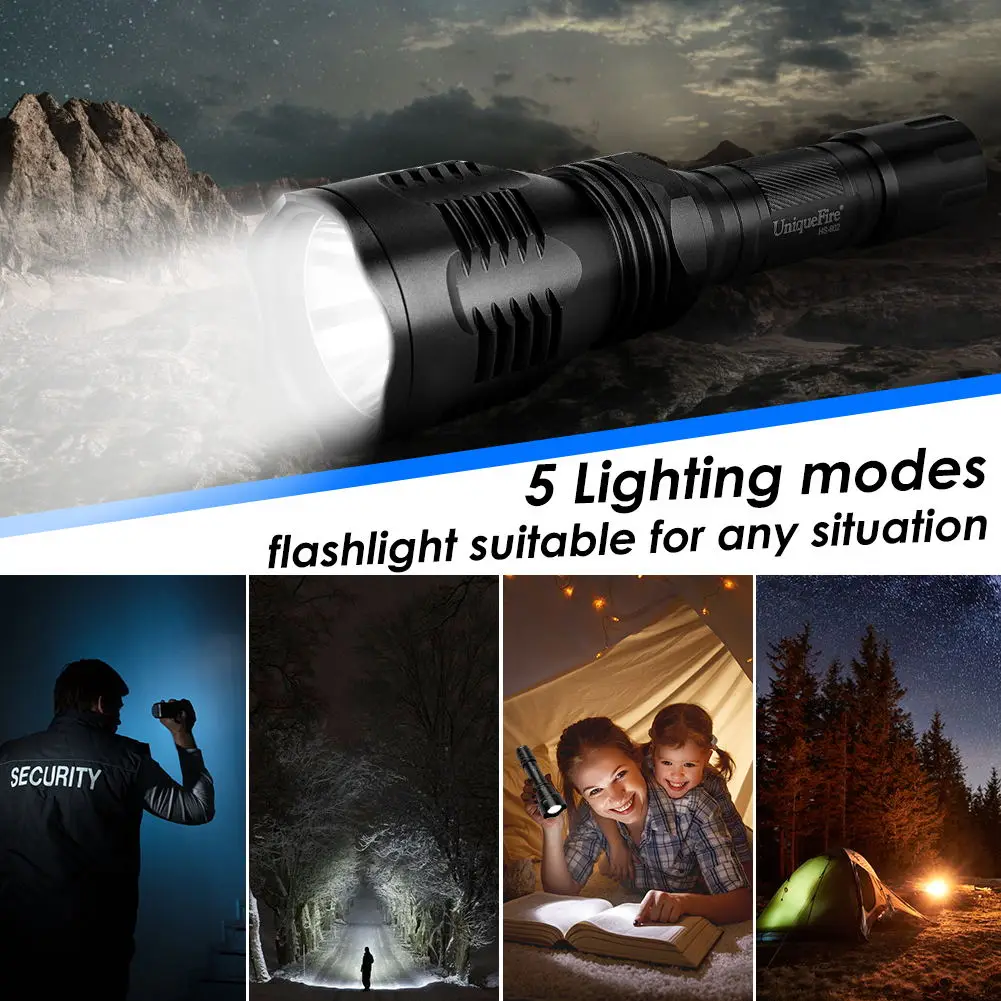 UniqueFire HS-802 LED 손전등, 야외 스포츠 비상 캠핑용, 18650 배터리 토치 포함, 2200LM 강력한 백색광