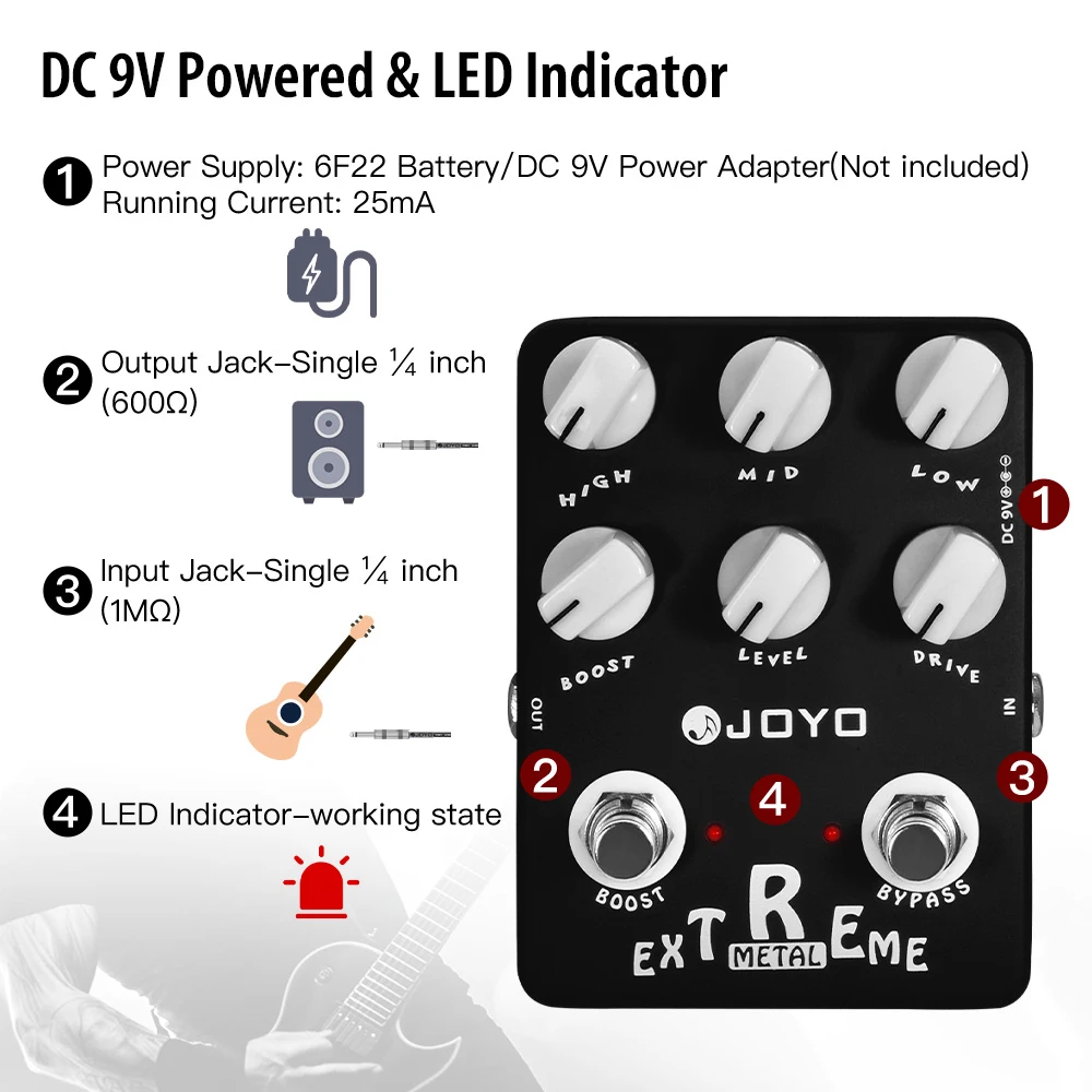 JF-17 EXTREME METAL Distortion Guitar Pedal with 3 Band EQ and Sweep Mid-Freq Kn