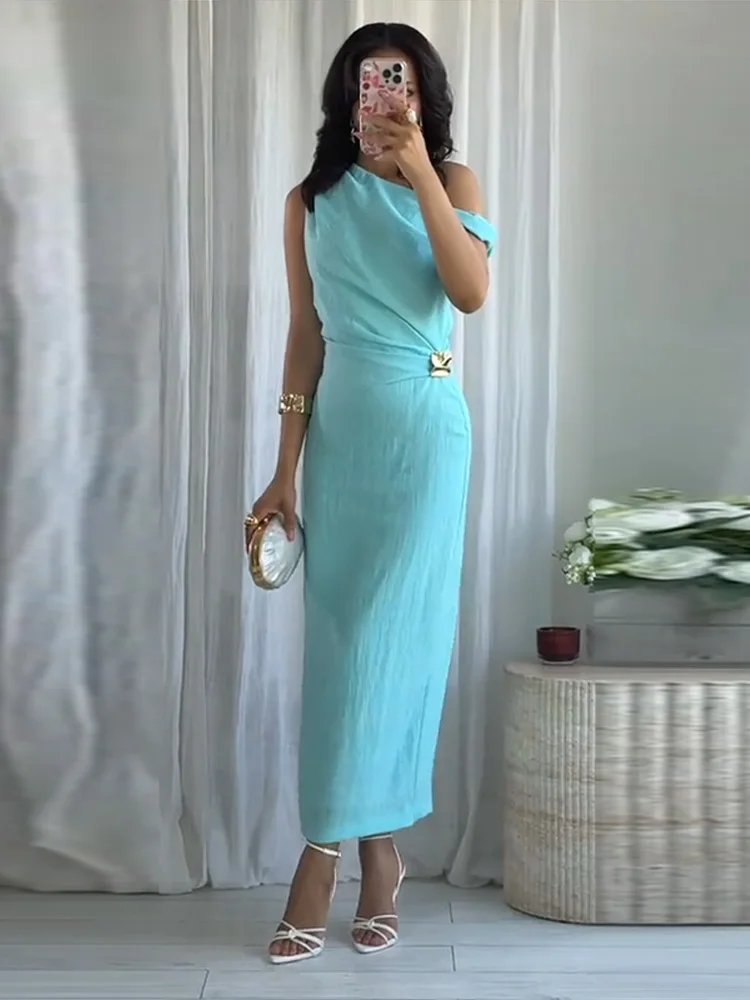Elegant Women's Bodycon Maxi Dresses Sleeveless One Shoulder